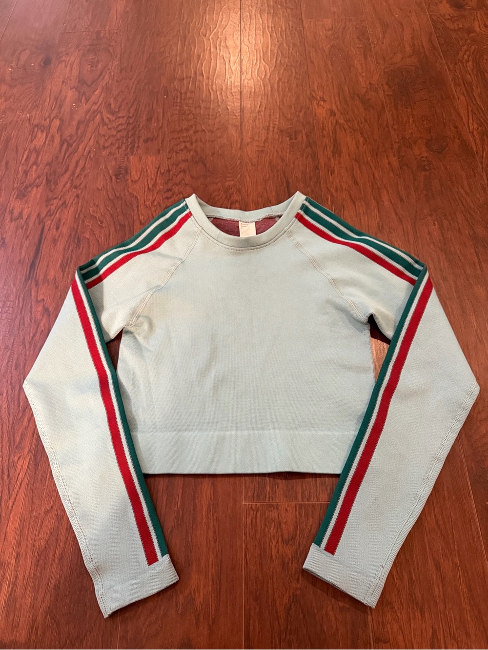 Fabletics Mint Cropped Sweatshirt with Red & Green Stripes